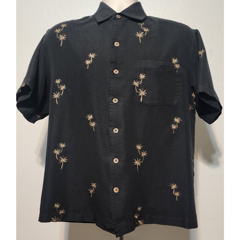 Caribbean Embroided Palm Trees Short Sleeve Button Up Shirt Size M Black